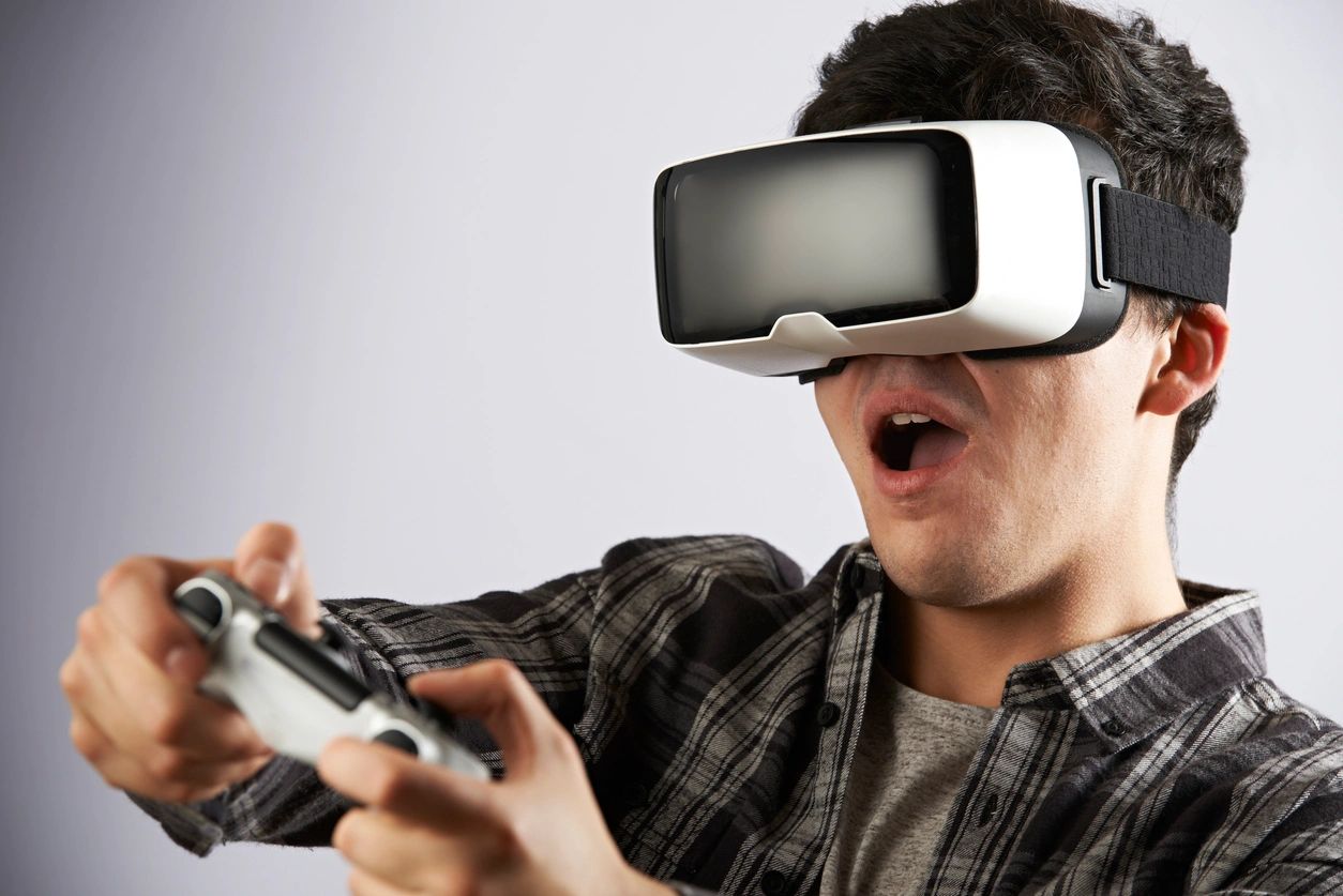 Person wearing a VR headset, fully immersed in a virtual reality experience. Electronics, Fashion and Home Décor