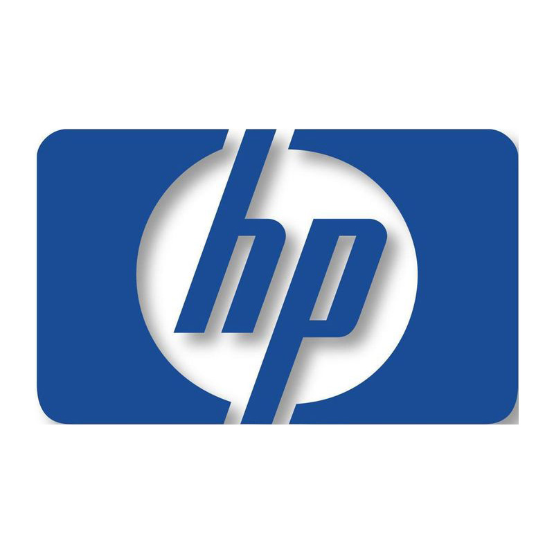 Blue HP logo with stylized lowercase "hp" inside a white circle on a blue rectangle.